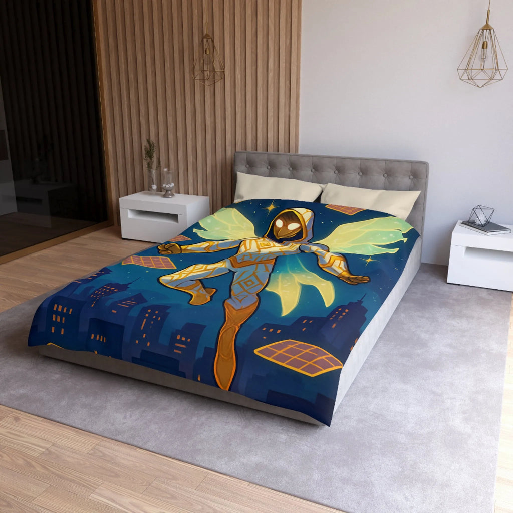 Housse de couette avec héros ailé lumineux sur ciel étoilé et ville futuriste