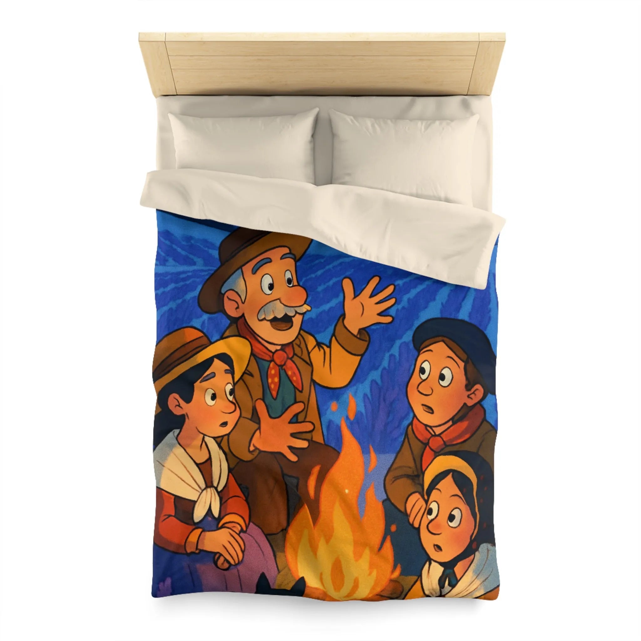 Housse de couette colorée avec scène animée racontant une histoire sous les étoiles