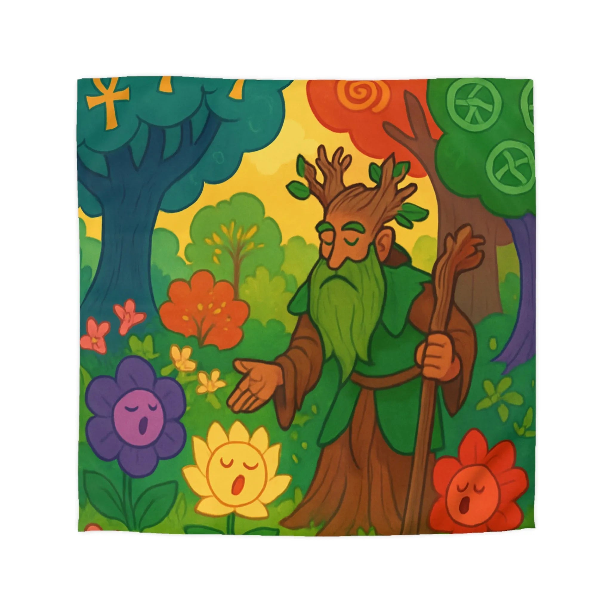 Housse de Couette Fantaisie Nature Arbre, Druide, Fleurs Magiques et Symboles de Paix
