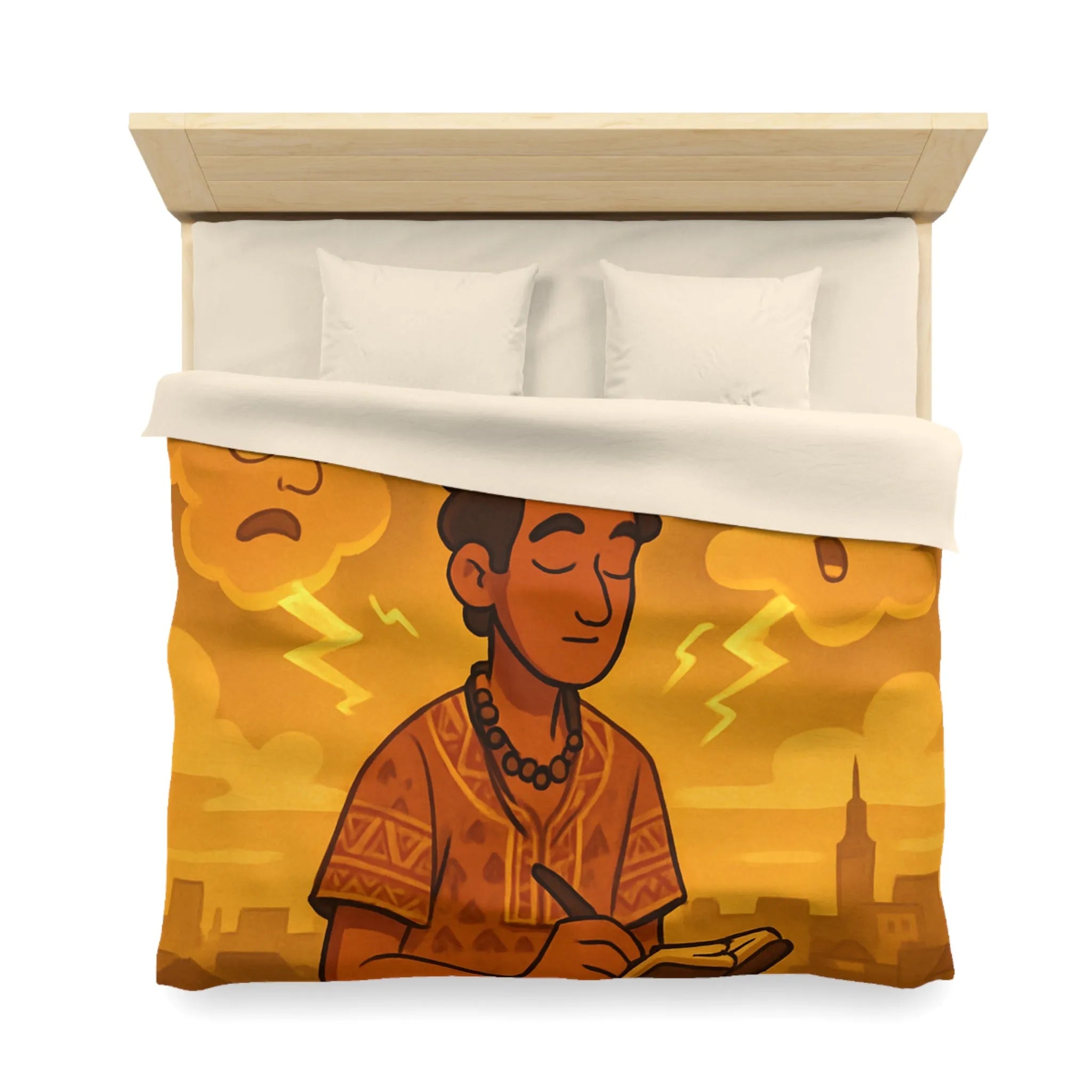 Housse de couette artistique avec motif méditatif, nuageux et expressions émotionnelles illustrées