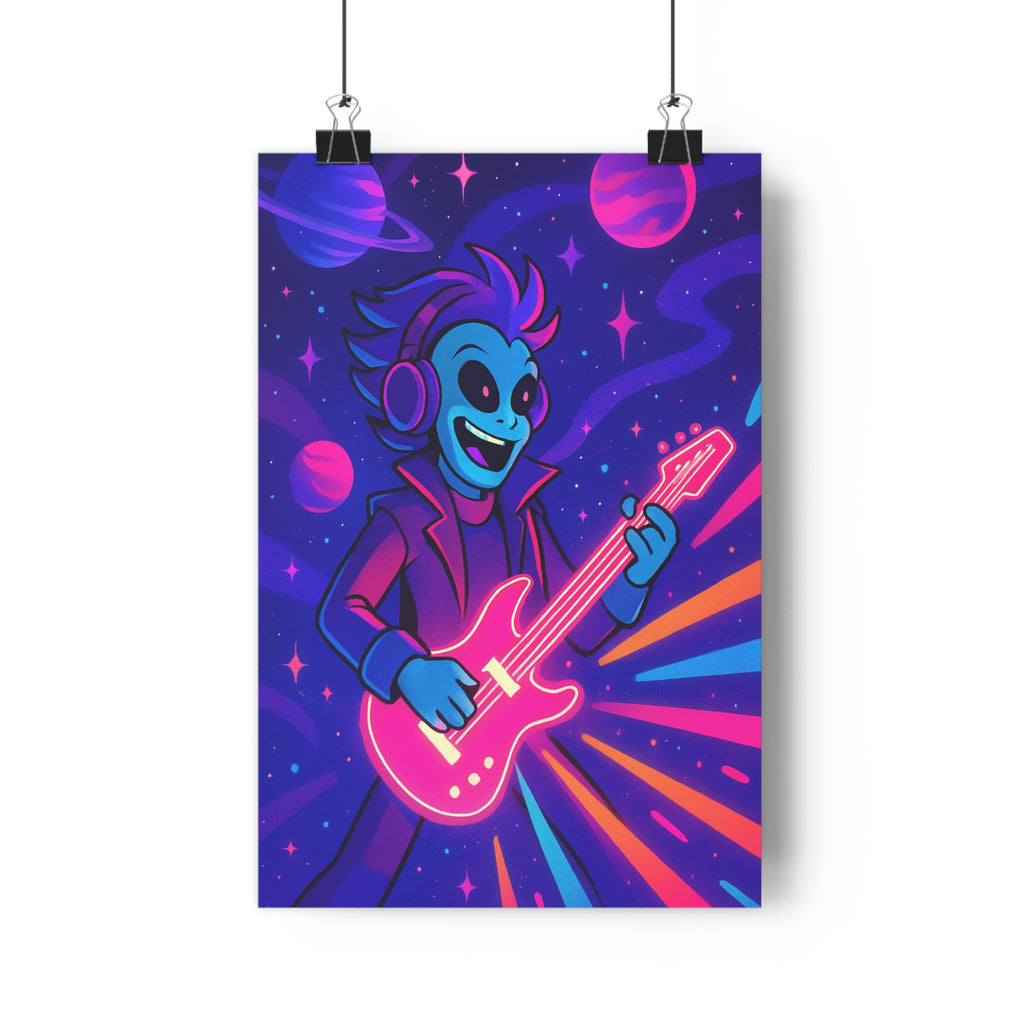 Poster décoratif futuriste extraterrestre guitare électrique dessin animé psychédélique cosmos bleu rose violet chambre