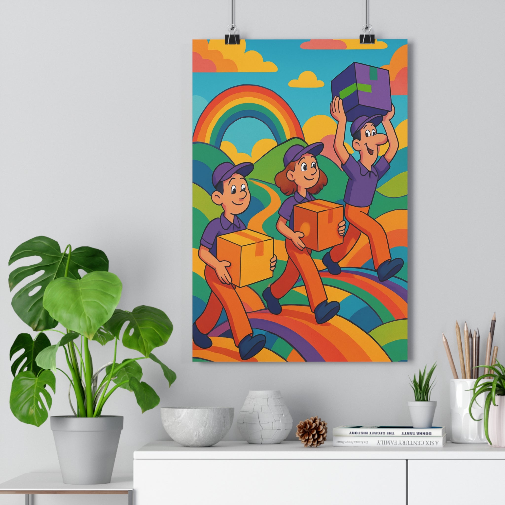 Poster décoratif coloré violet orange cartoon aventure joyeux enfant chambre salon unique fantaisie vibrant