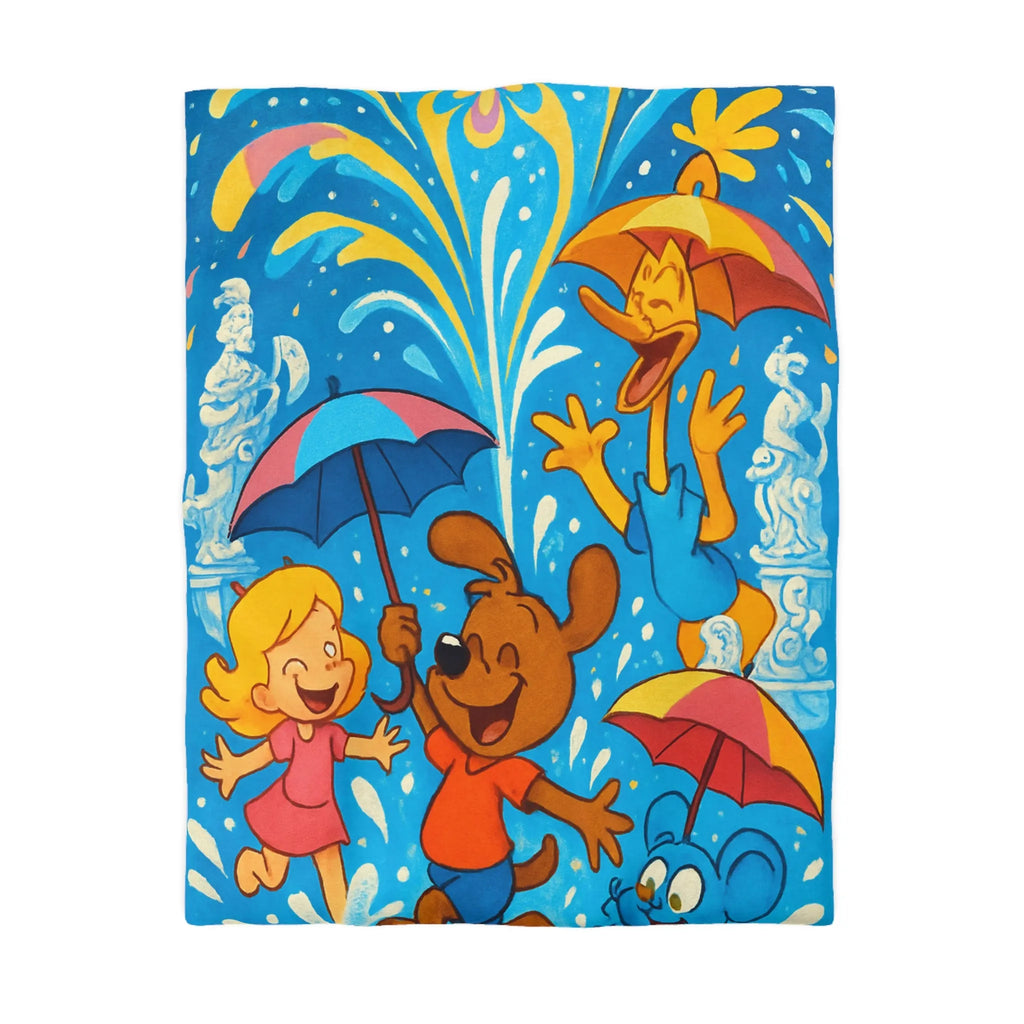 Housse de couette joyeuse avec animaux et enfants sous feux d'artifice colorés