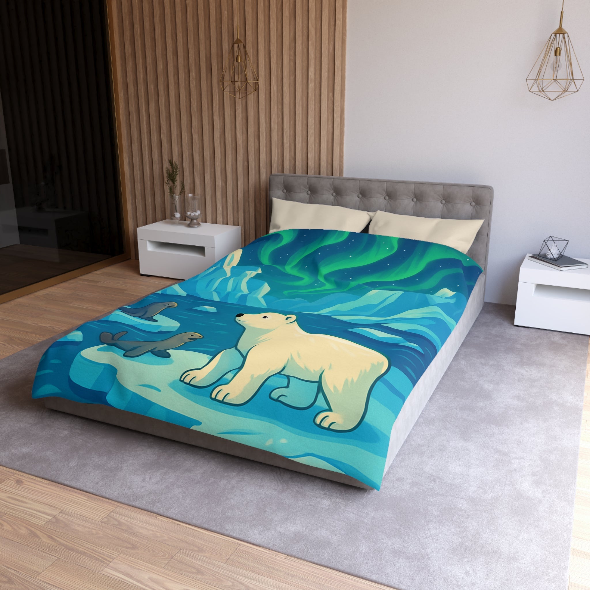 Housse de couette polaire avec ours et aurores boréales pour chambre enfant