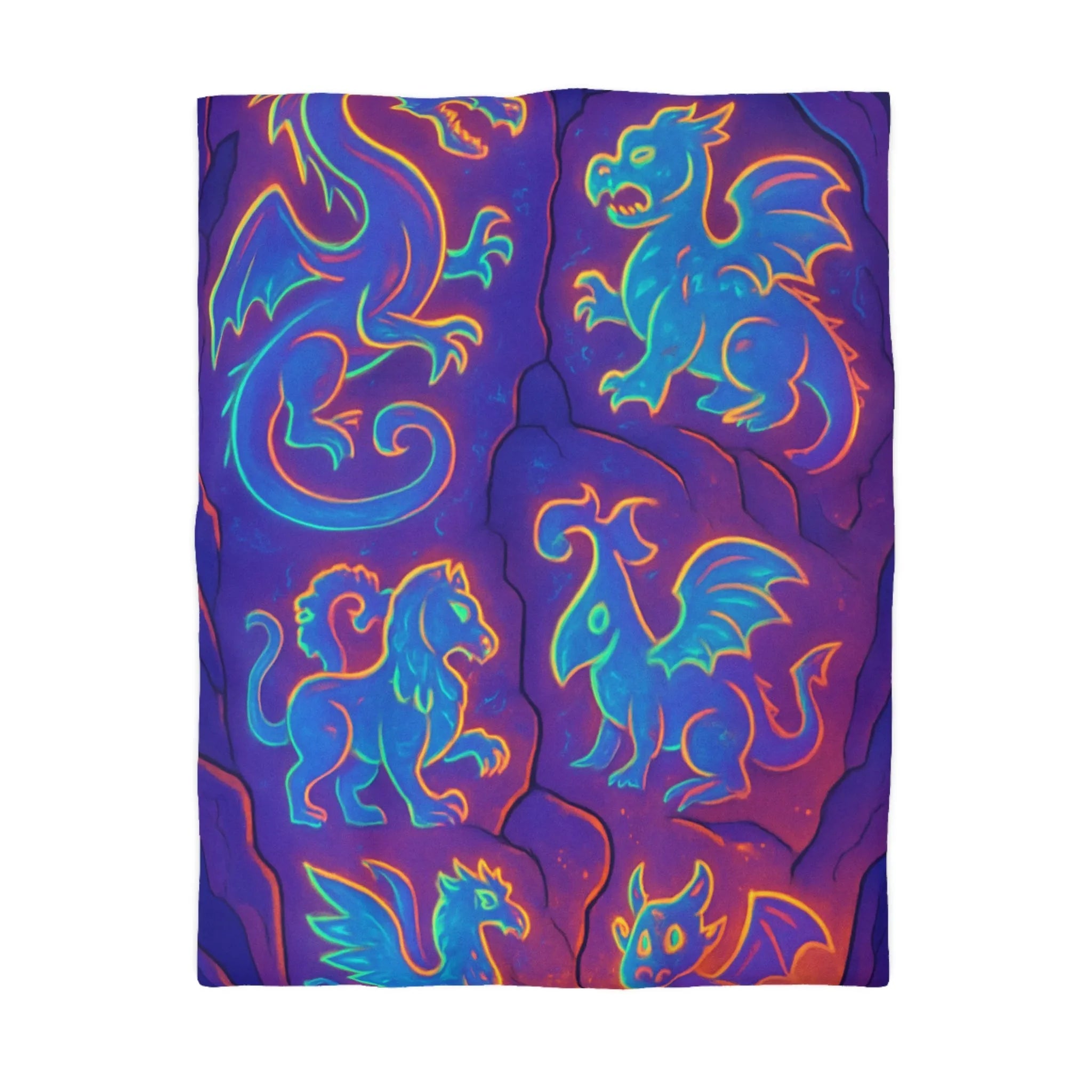 Housse de Couette Fantastique avec Dragons Lumineux en Style Néon Bleu et Orange