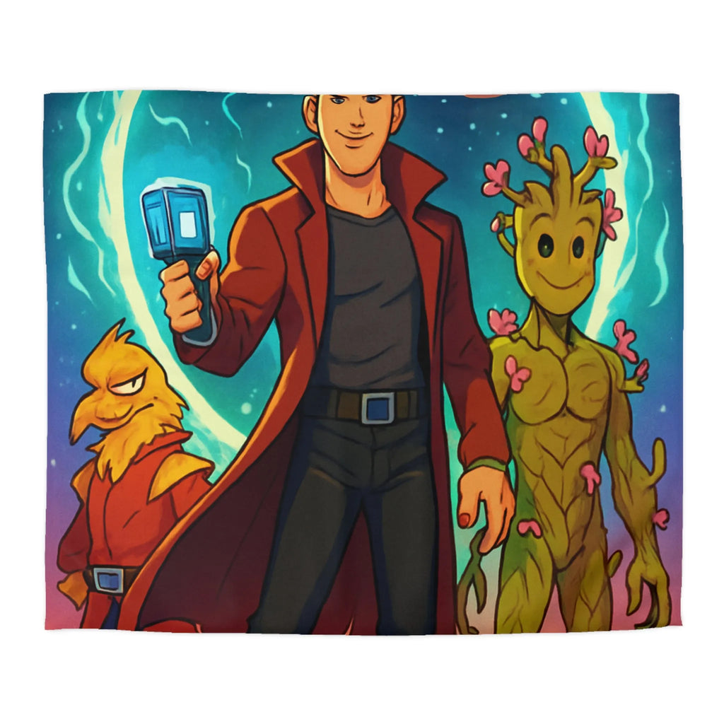 Housse de couette espace avec personnages héroïques colorés et univers rétro futuriste