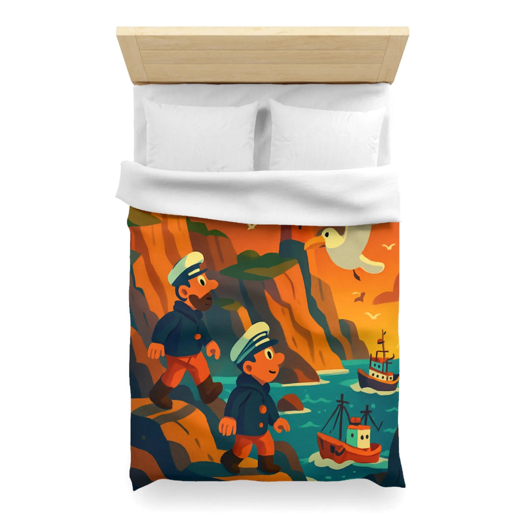 Housse de couette maritime colorée avec phares et marins au coucher du soleil