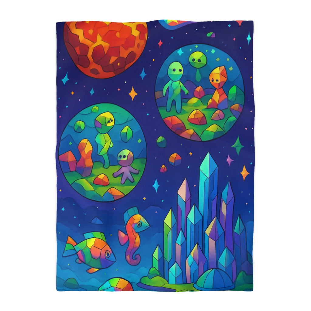 Housse de couette colorée avec paysages extraterrestres, créatures mignonnes et cristaux célestes