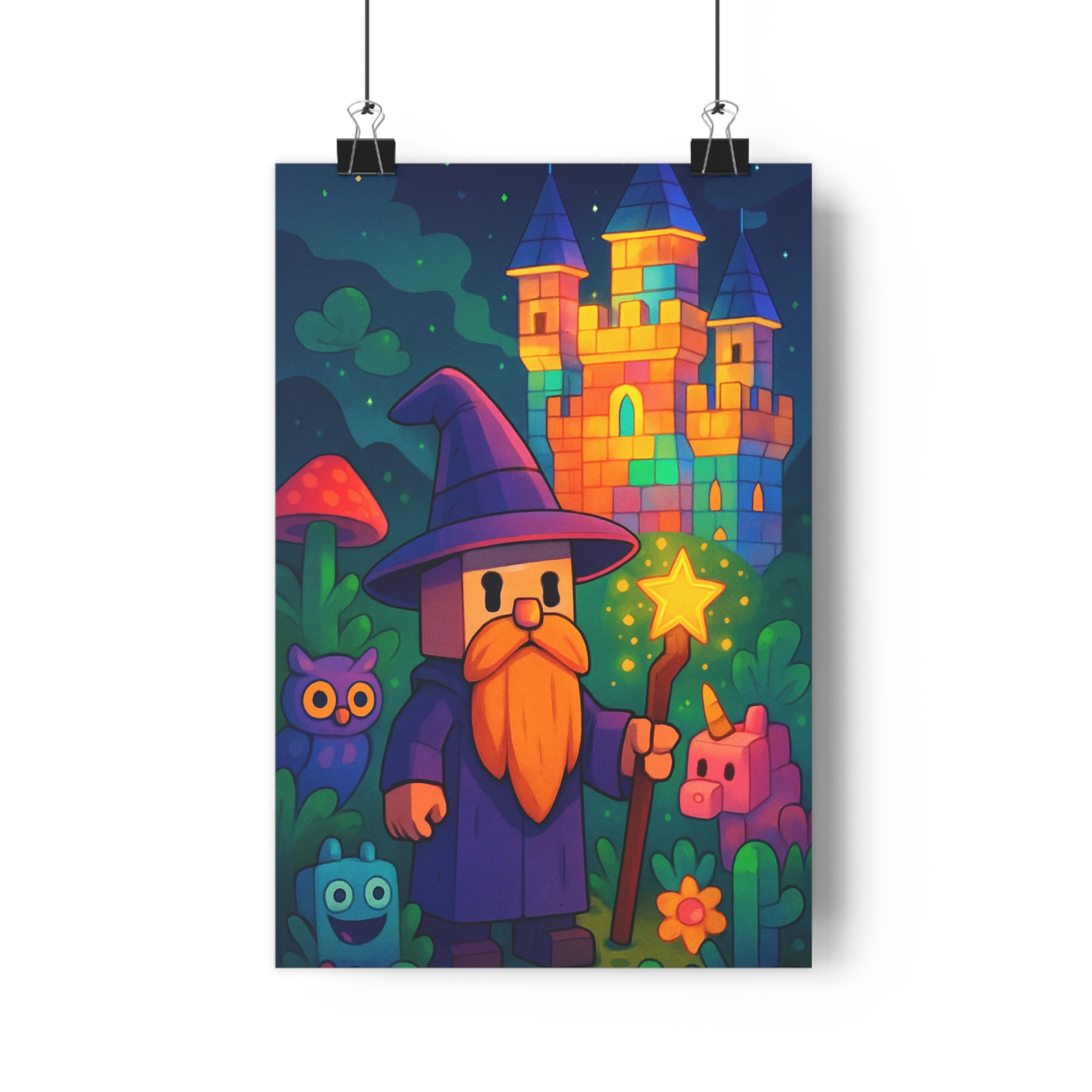 Poster décoratif mystique enchanté chambre enfant sorcier licorne hibou coloré lumineux joyeux magique qualité