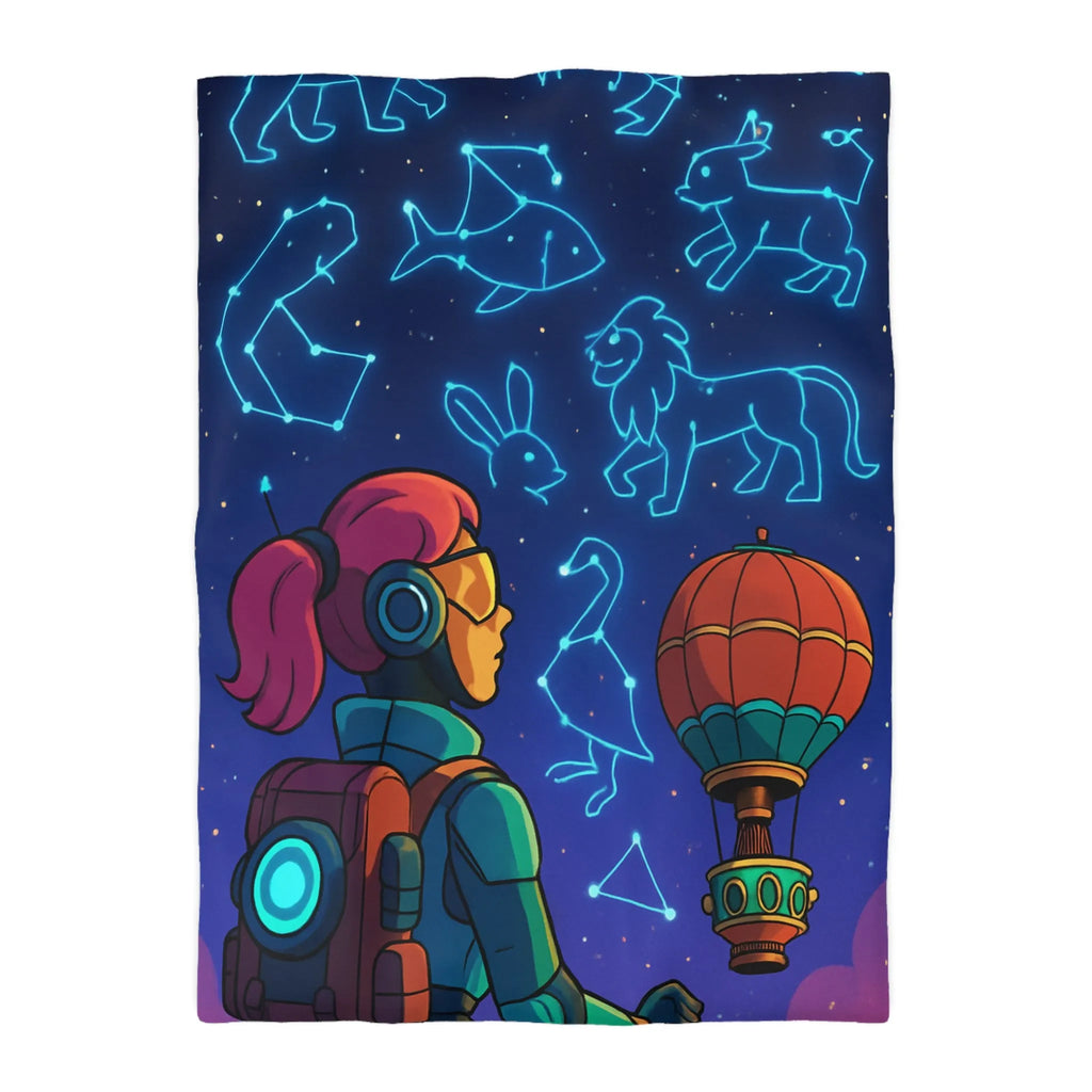 Housse de couette astronaute contemplant constellations animalières dans ciel étoilé rêveur