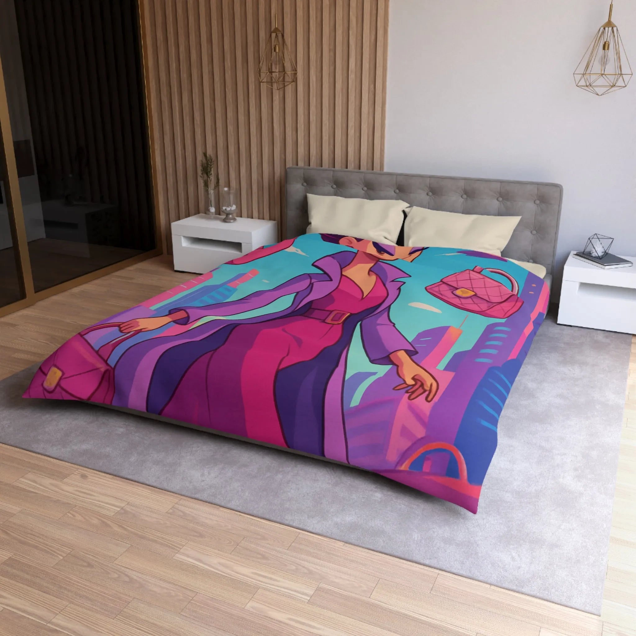 Élégante illustration urbaine rétro-futuriste avec personnage glamour et accessoires stylés en rose