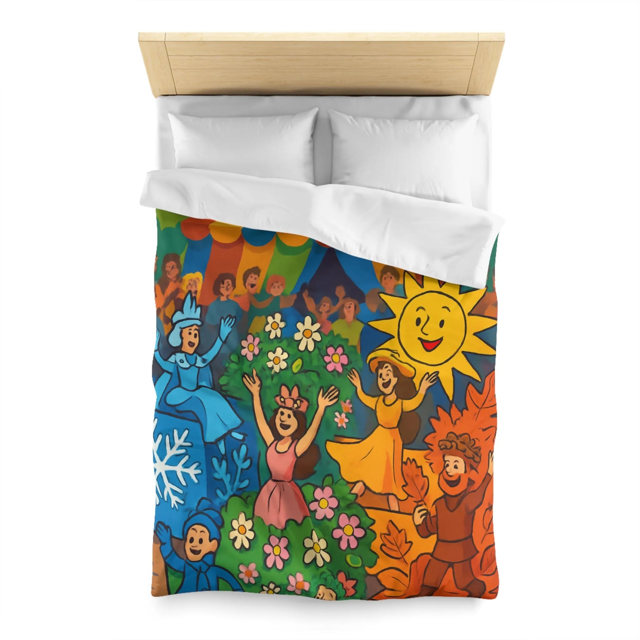 Housse de couette colorée illustrant les saisons pour chambre d'enfant joyeuse et ludique