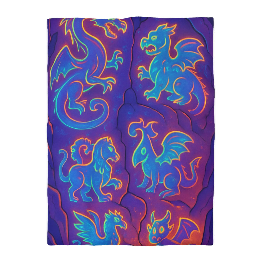 Housse de Couette Fantastique avec Dragons Lumineux en Style Néon Bleu et Orange