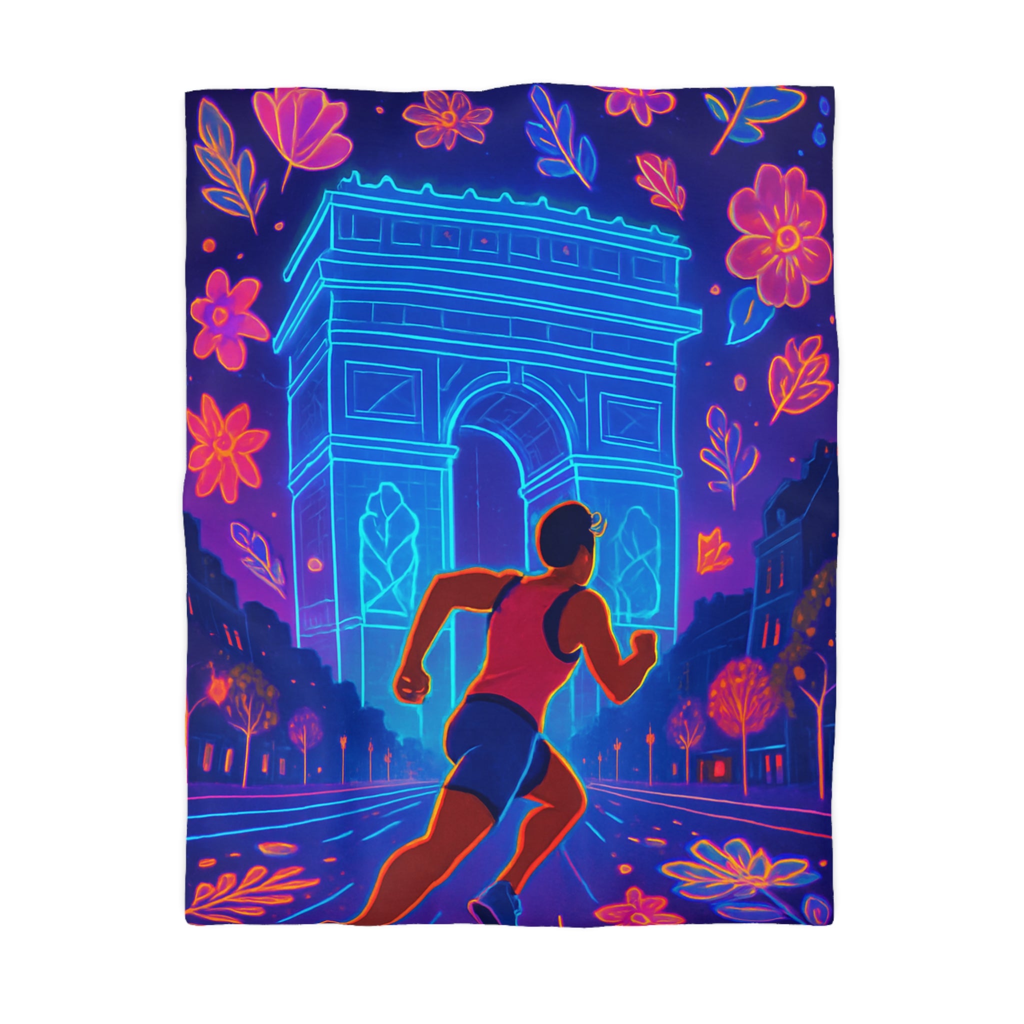 Housse de Couette Vibrante : Coureur Devant Monuments et Fleurs Scintillantes de Paris