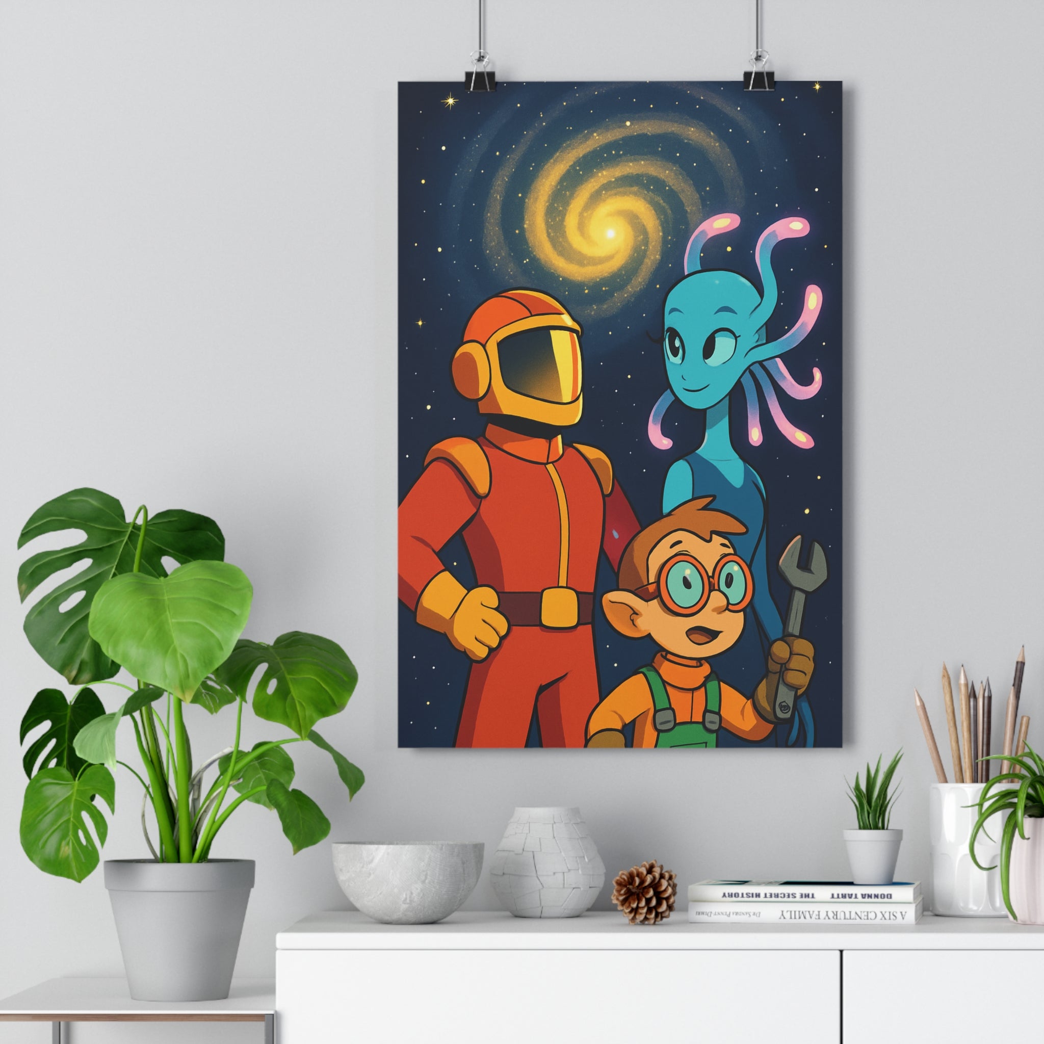 Poster décoratif moderne orange bleu astronaute créature galaxie adventure enfant chambre vintage tendance qualité