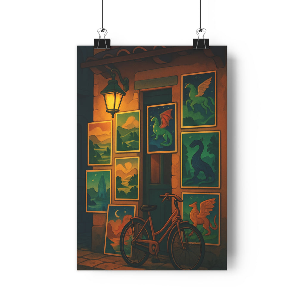 Poster décoratif rétrofantastique créature magique vert bleu orange cartoon salon chambre format 30x46 qualité