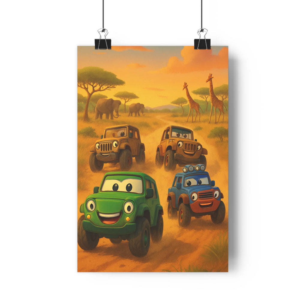 Poster décoratif cartoon coloré safari aventure enfant chambre joyeux éléphants girafes voitures toutterrain 30x46