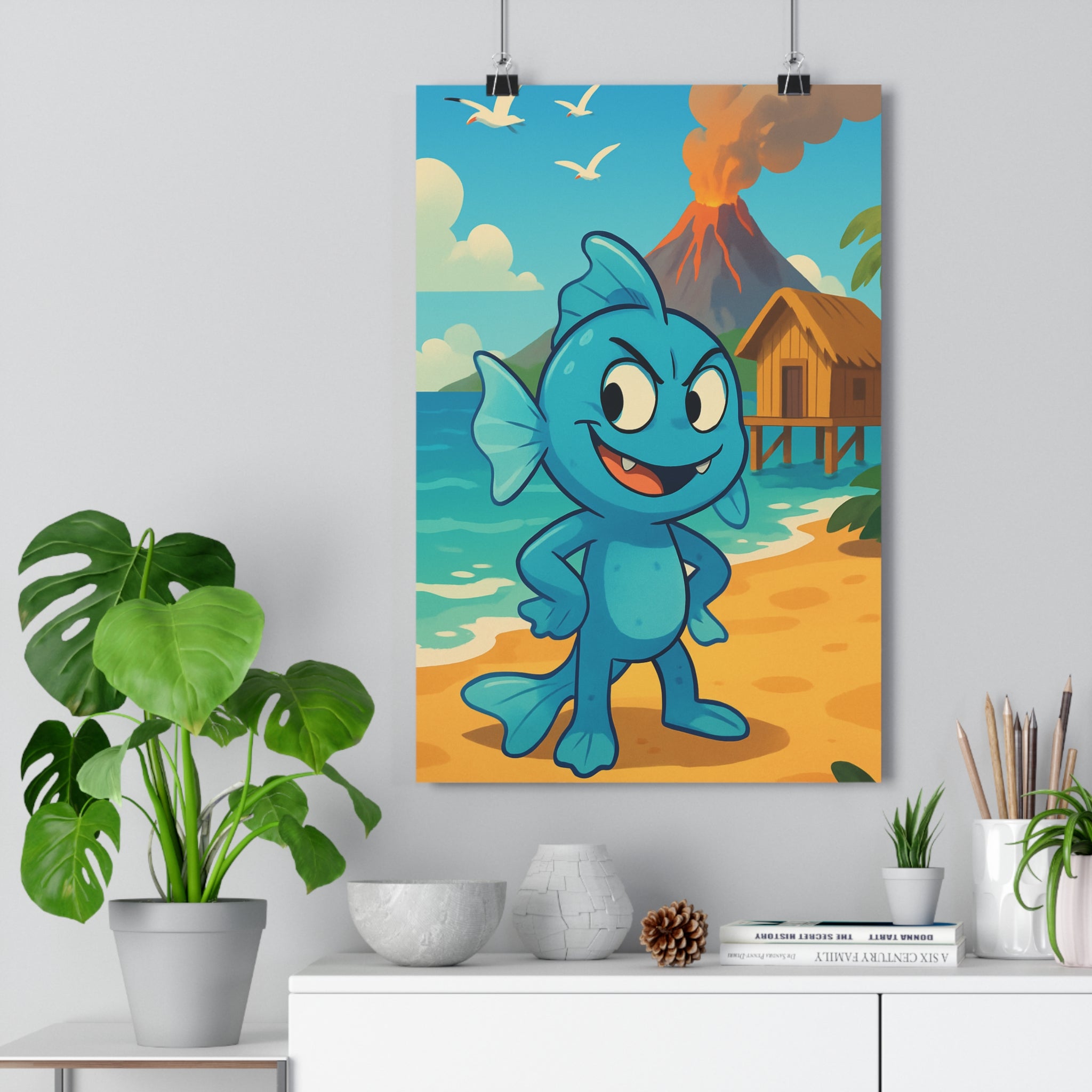 Poster décoratif cartoon tropical bleu orange joyeux chambre enfant aventure exotique vibrant unique chaleureux