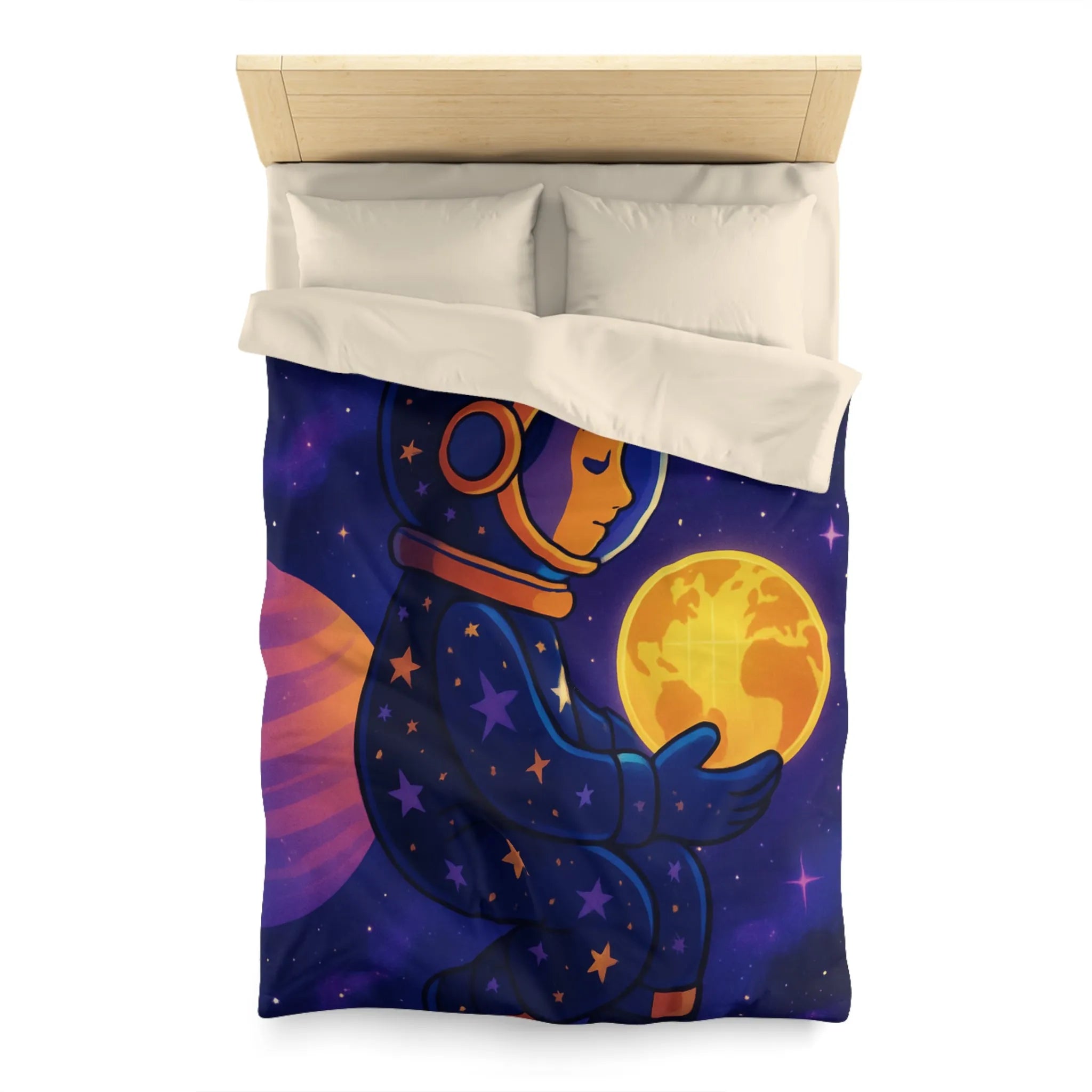 Housse de couette cosmos enfantine avec astronaute rêveur tenant une planète lumineuse