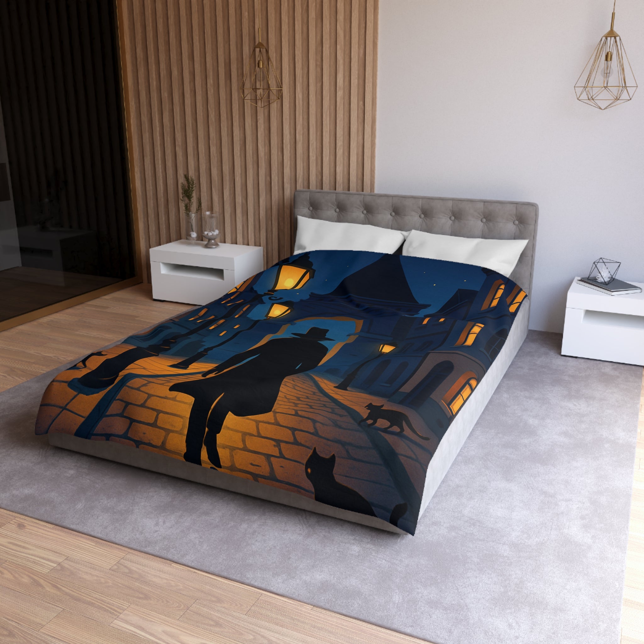 Housse de couette noire mystérieuse, silhouette d'homme avec chats et lampadaires nocturnes