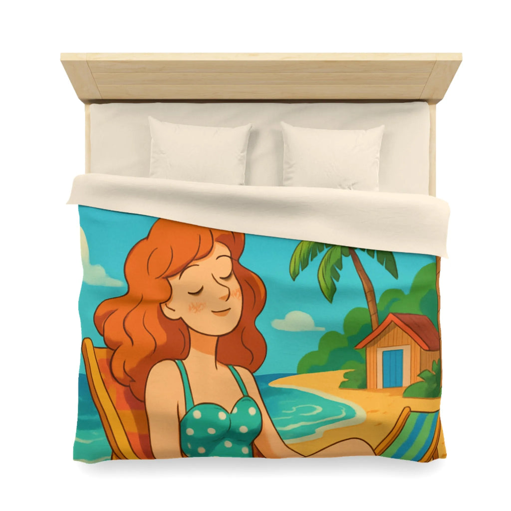 Housse de couette illustrée plage relaxante avec fille et cerf-volant coloré