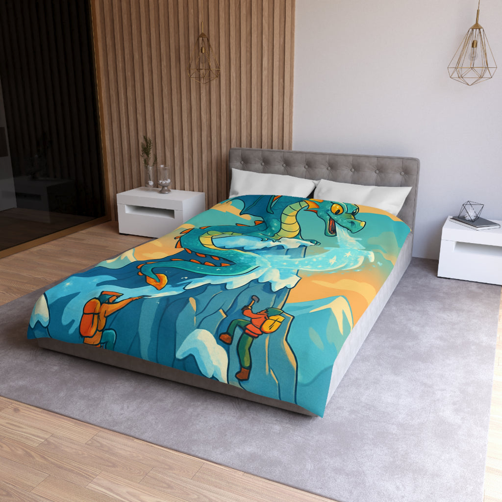 Montagne enneigée gardée par un dragon crachant de la glace, aventure épique illustrée