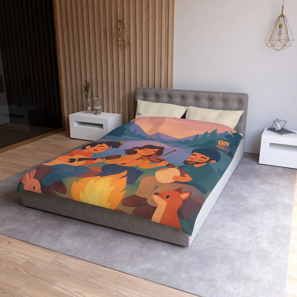 Housse de Couette avec Musiciens et Animaux Près du Feu de Camp au Crépuscule