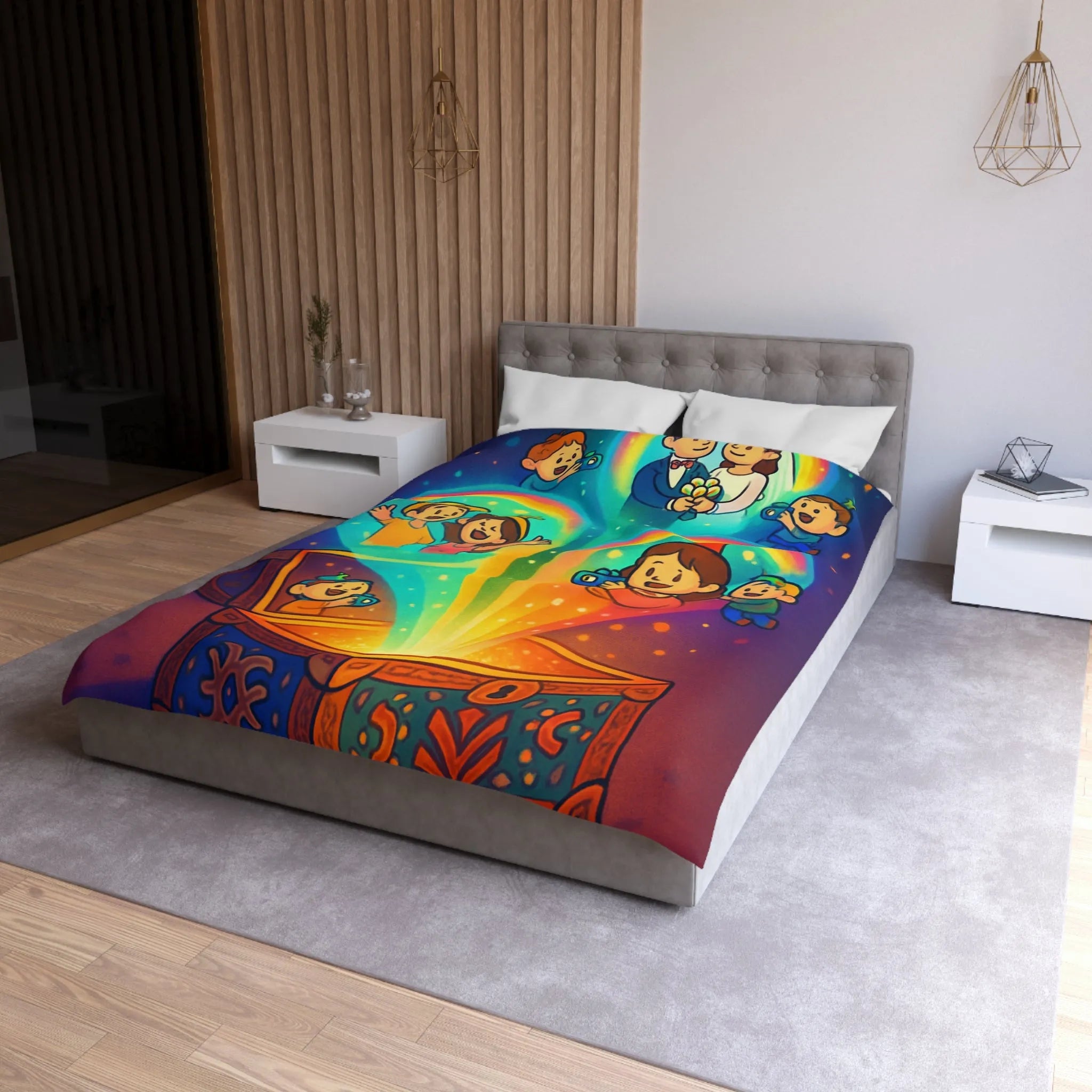 Housse de couette colorée avec coffre magique et souvenirs lumineux pour chambre joyeuse