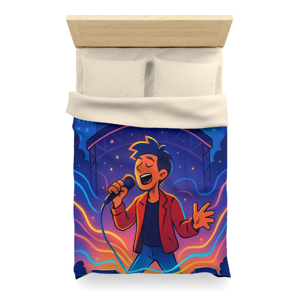 Housse de couette scène vibrante de concert nocturne avec chanteur et couleurs éclatantes