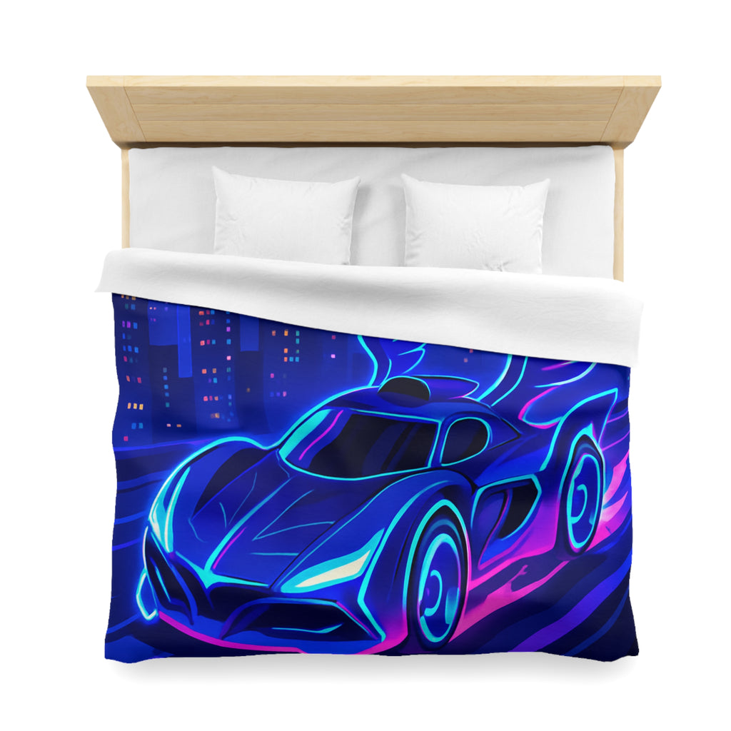 Housse de couette néon voiture futuriste volant dans une ville aux reflets lumineux