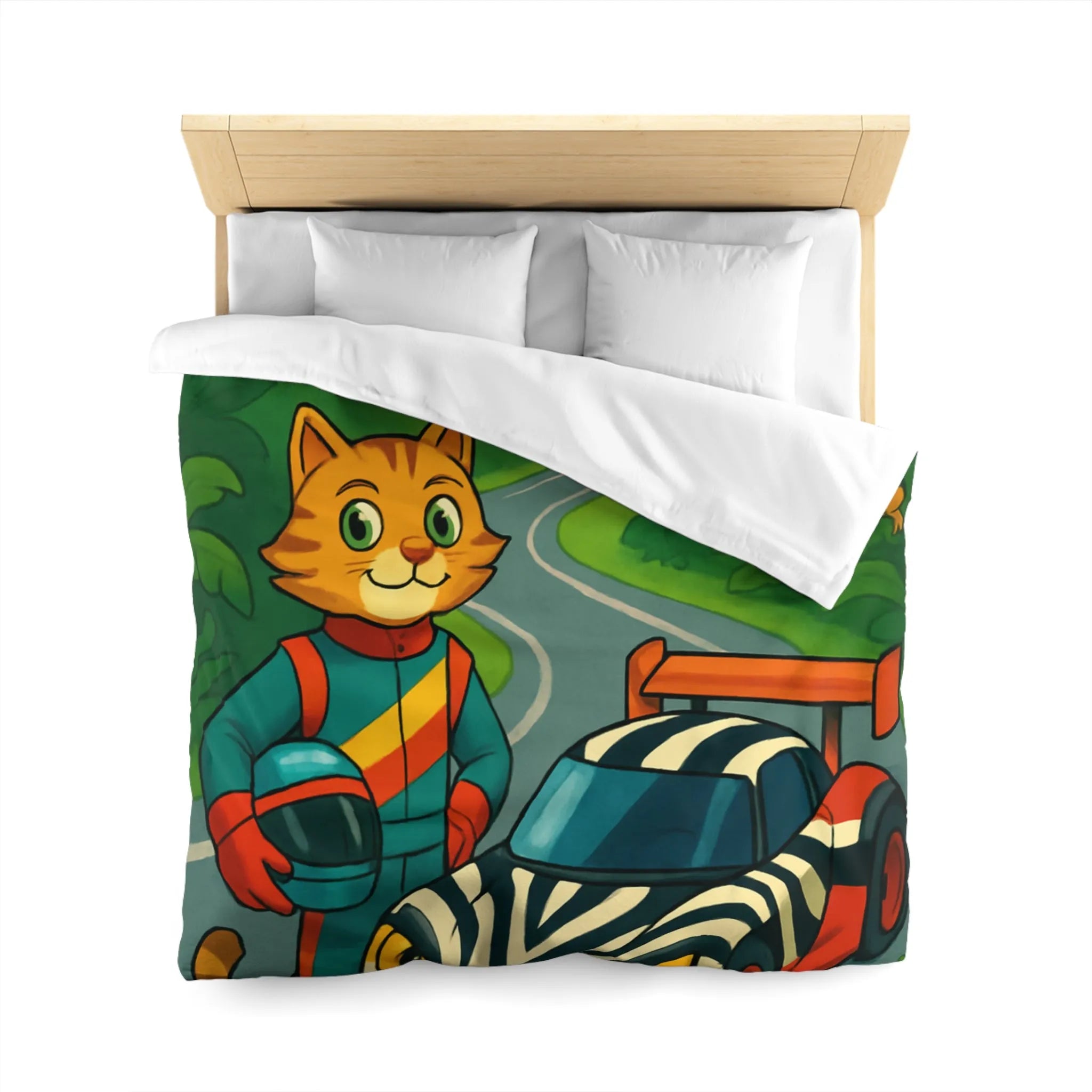Housse de couette illustrée avec pilote chat, voiture zébrée et jungle luxuriante