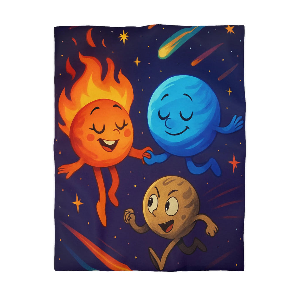 Housse de couette colorée avec illustrations planétaires amusantes et étoiles filantes vibrantes