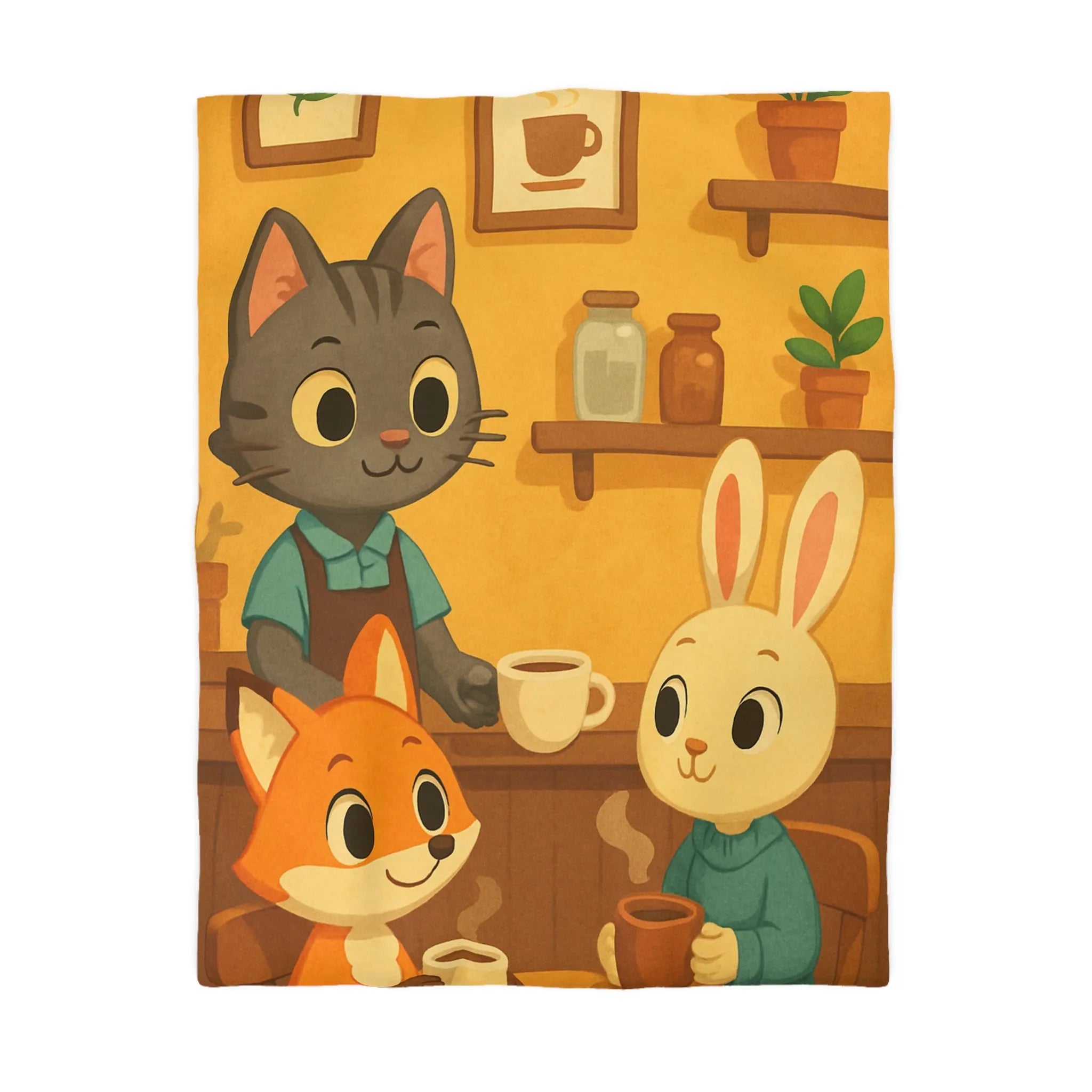 Housse de couette douce avec animaux stylisés profitant d'un café dans un café.