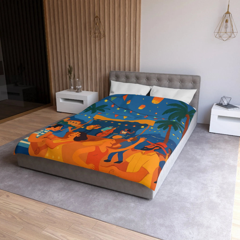 Housse de couette estivale scène festivale tropicale avec danseurs et lanternes lumineuses