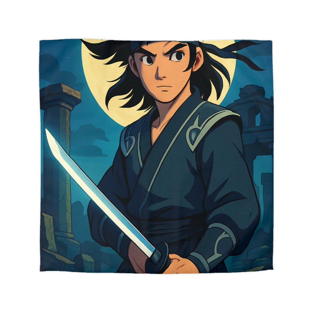 Housse de couette épique avec guerrier anime sous lune mystique et ruines anciennes
