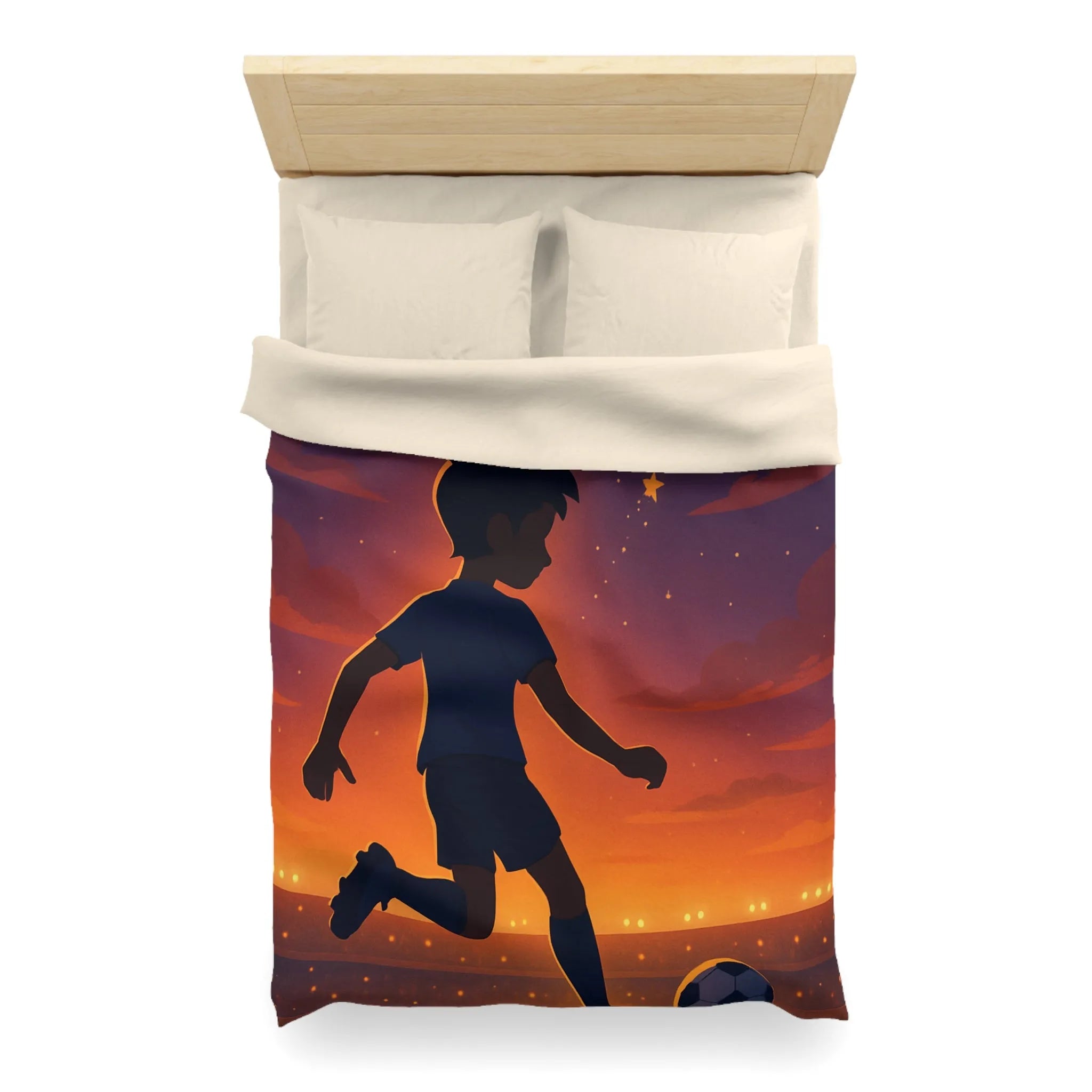 Housse de couette illustrée de garçon jouant au football sous un ciel étoilé inspirant