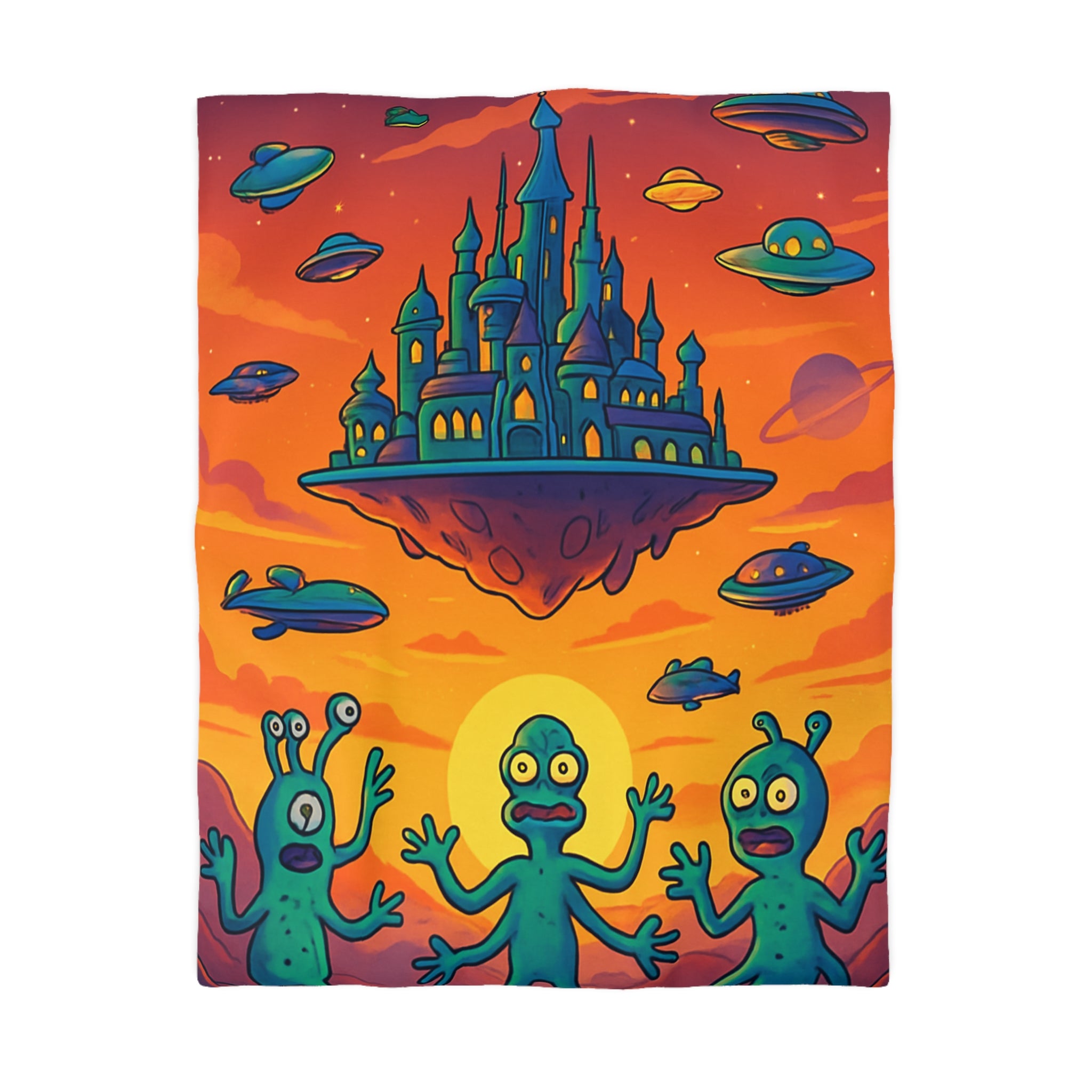 Housse de couette sur thème extraterrestre avec château flottant et OVNI colorés