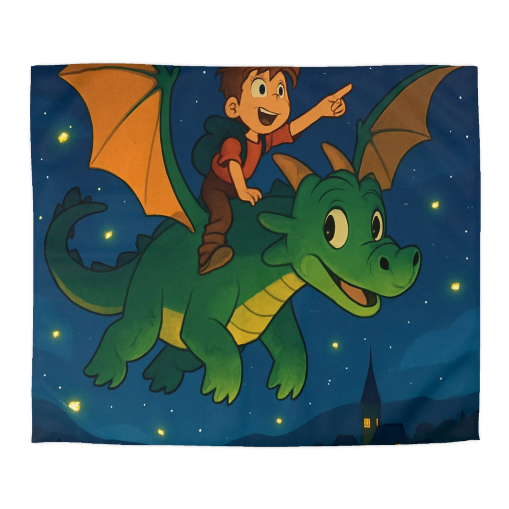 Housse de couette magique avec dragon et enfant volant dans un ciel étoilé