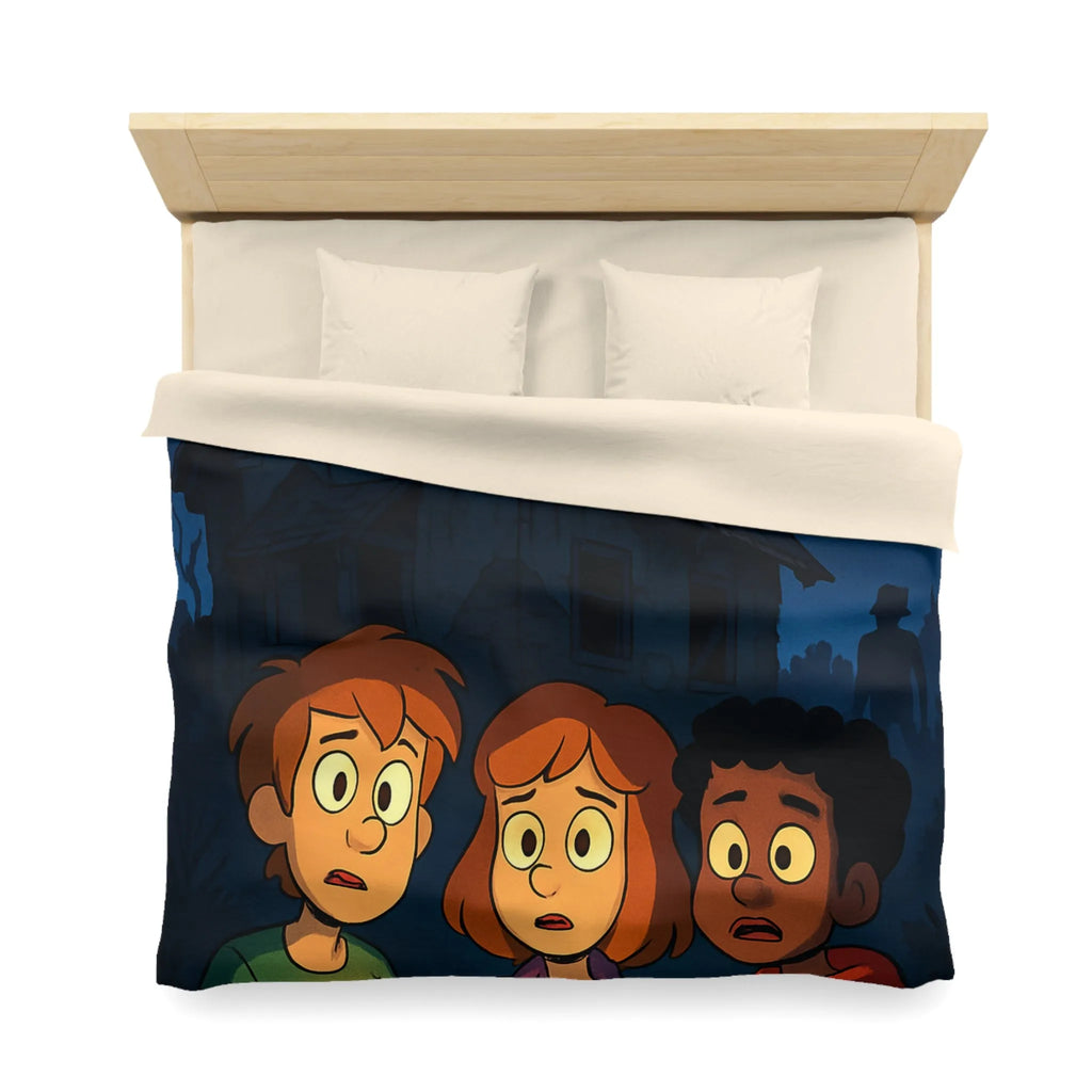 Housse de couette aventure mystérieuse, enfants explorant maison hantée sous lune rouge intrigante