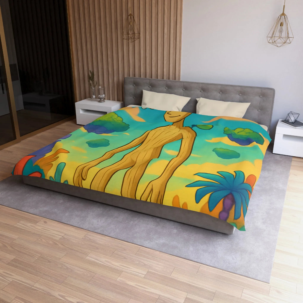 Housse de couette enchanteresse avec paysage coloré, créature en bois et papillons