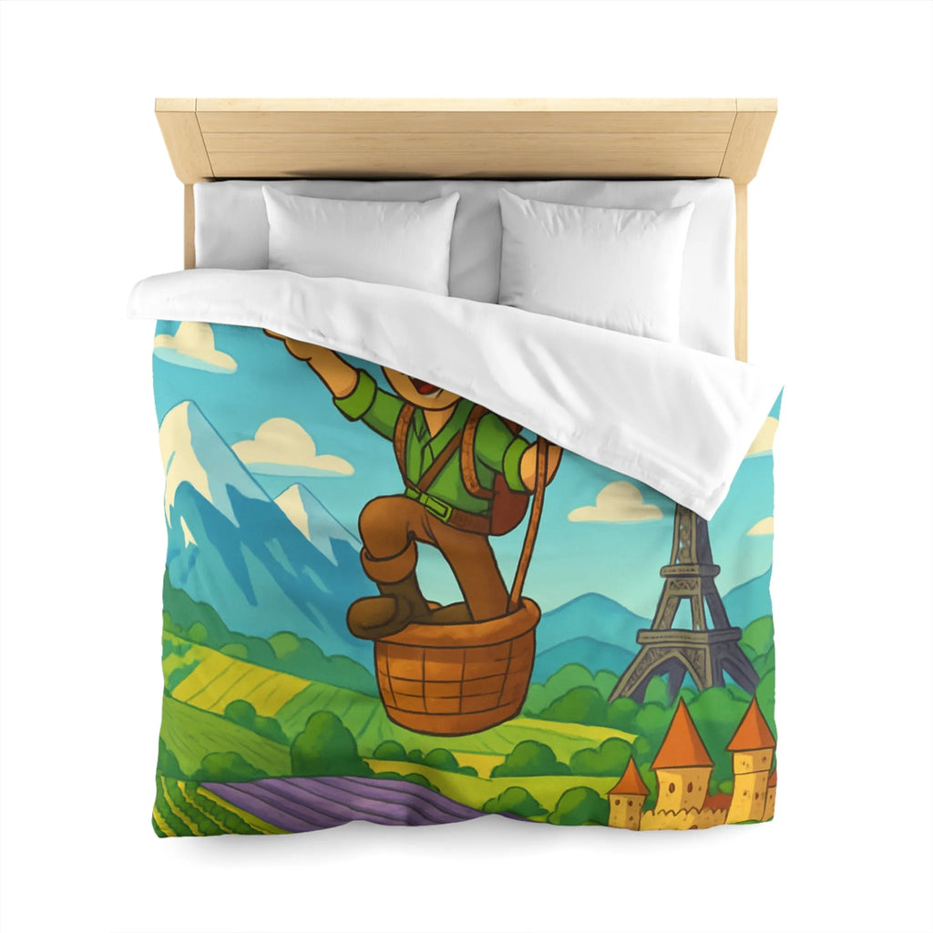 Charmant voyageur en montgolfière surplombant paysages français, champs et monuments emblématiques