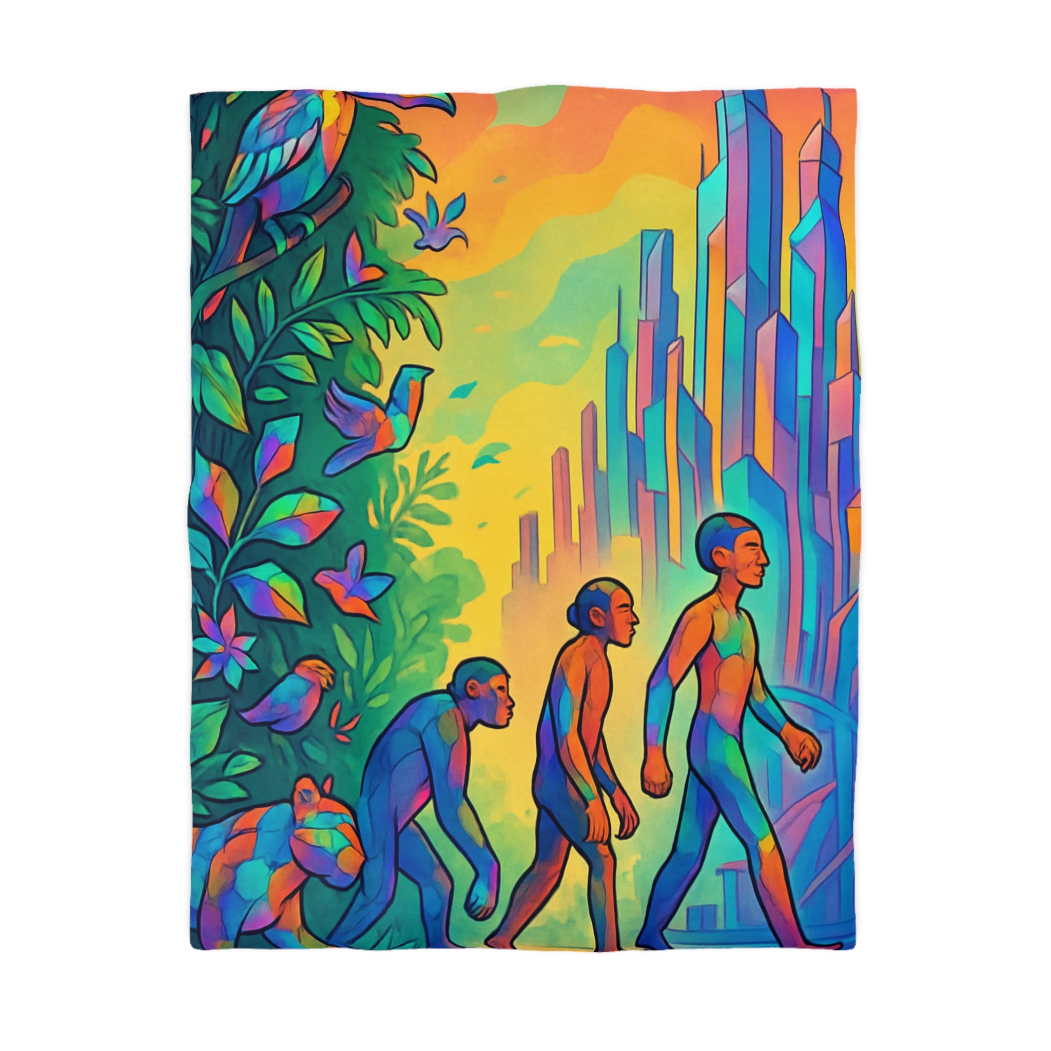 Housse de couette vibrante d'évolution humaine sur fond de jungle et de gratte-ciel
