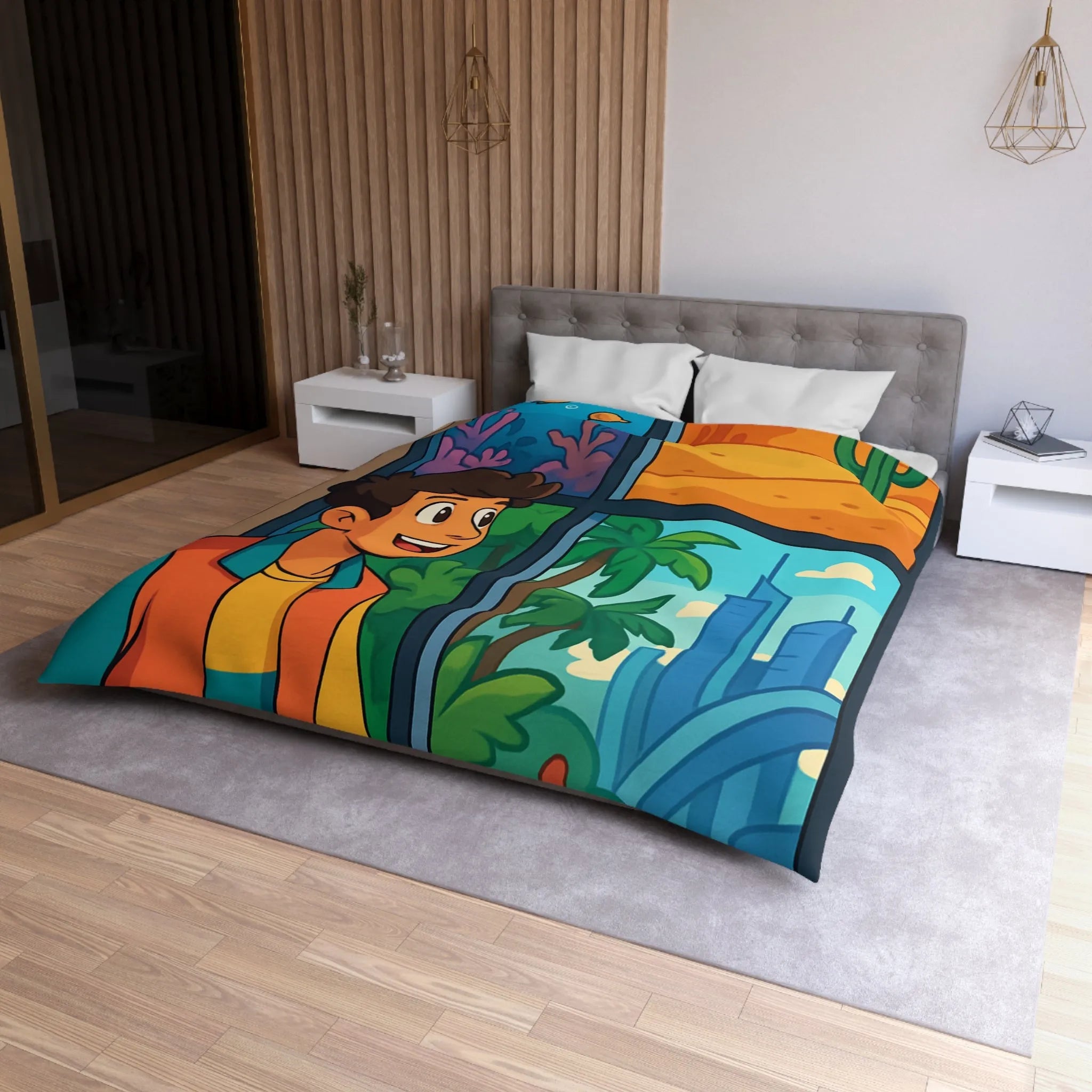 Housse de couette colorée avec paysage marin, désertique et urbain pour chambre d'enfant