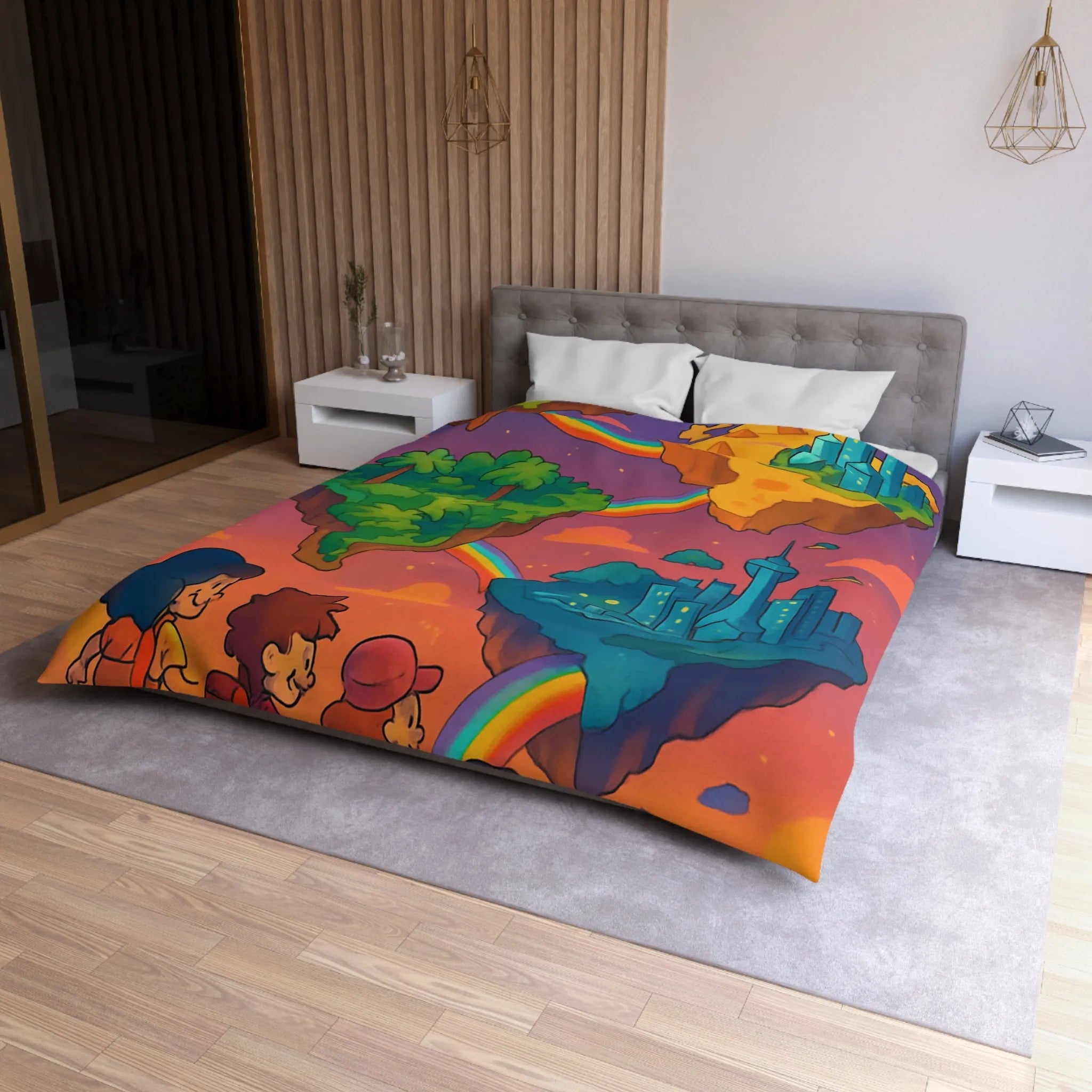 Housse de couette avec univers magique flottant pour chambre d'enfant colorée arc-en-ciel