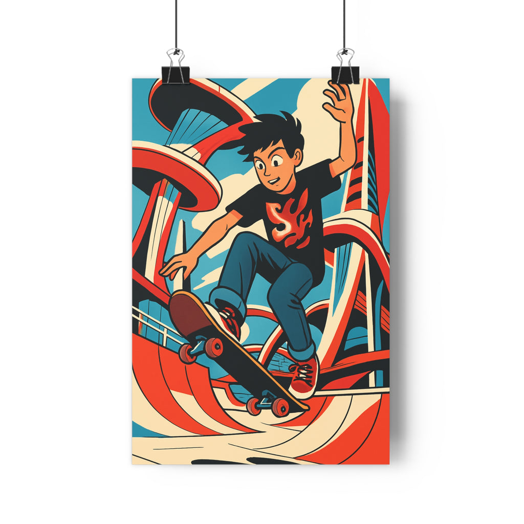 Poster décoratif skateur moderne rouge bleu beige chambre salon dynamique cartoon vibrant 30x46 architecture
