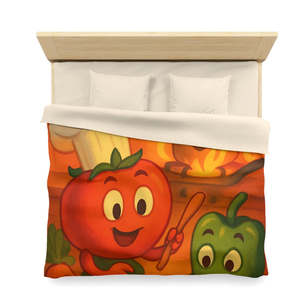 Housse de couette illustrée avec légumes adorables jouant dans une cuisine animée orangée