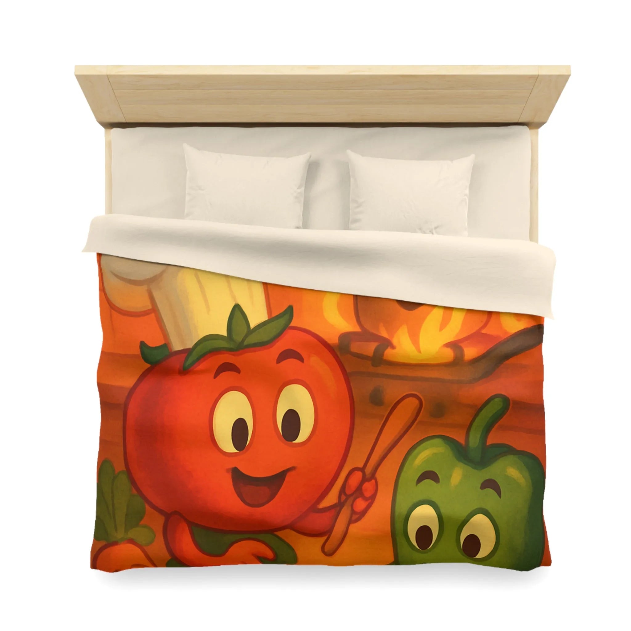 Housse de couette illustrée avec légumes adorables jouant dans une cuisine animée orangée