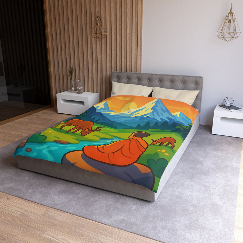 Housse de couette zen avec paysage montagneux, moine, cerfs et rivière tranquille
