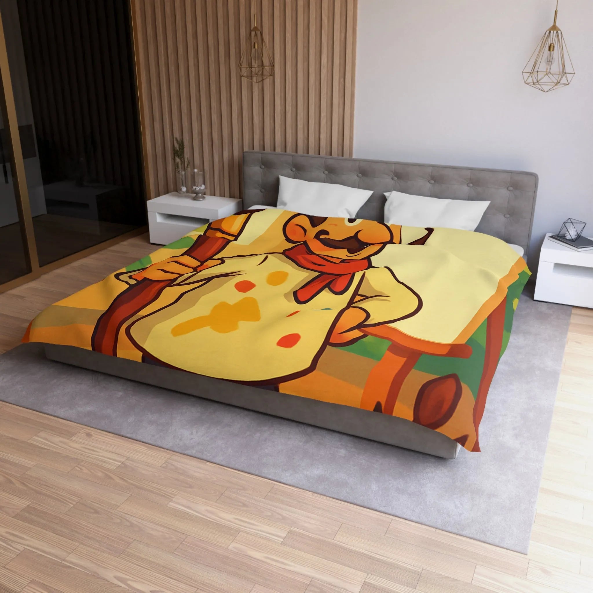 Housse de couette artiste moustachu amusant avec chevalet, pinceaux et pots de peinture