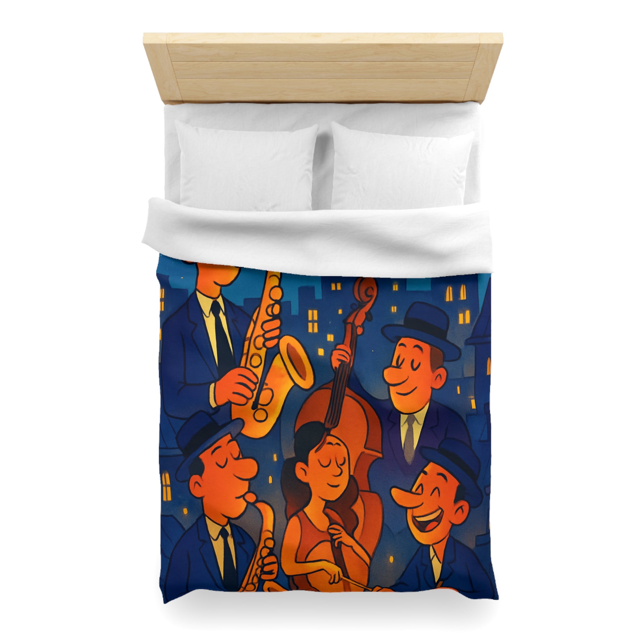 Housse de Couette pour Passionnés de Jazz avec Musiciens et Ciel Étoilé Vibrant